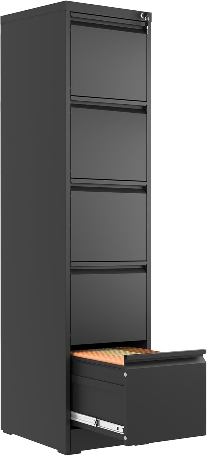 5 Drawer File Cabinet with Lock,Metal Vertical Filing Cabinets for Home Office,Heavy Duty File Storage Cabinet for Letter/Legal/A4/F4 Size File,Assembly Require (Black, Vertical 5 Drawer)