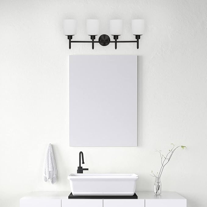 Design House 588236 Aubrey Transitional 4-Light Indoor Bathroom Vanity Light Dimmable Frosted Glass for Over The Mirror, Matte Black