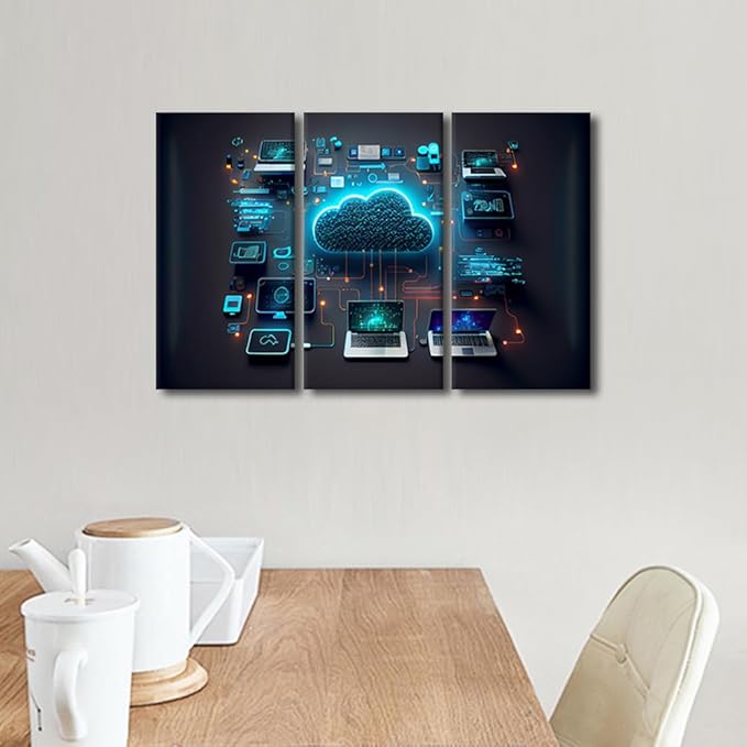 TUMOVO Bedroom Wall Decor 3 Panel Devices Connected to Digital Storage in the Data Center Via the Internet Pictures Print on Canvas for Living Room Bedrooms Wall Decorations, 36" Wx24 H