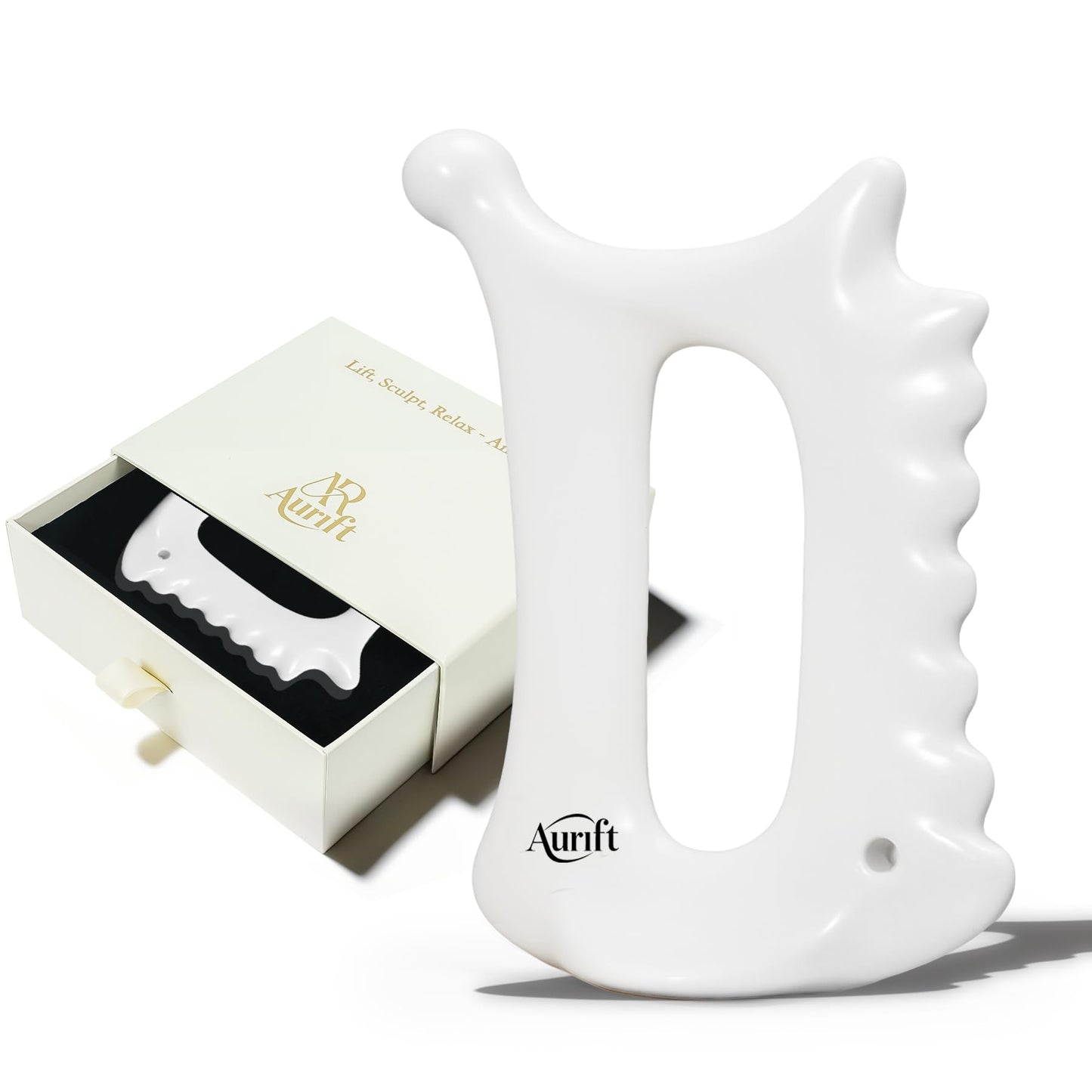 6-in-1 Ceramic Gua Sha Tool for Face & Body - Manual Facial Massage for Lymphatic Drainage, Jaw Lifting, Puffiness Care, Neck Massage for Stress Relief at Home, Self Care Gift for Mum Wife White