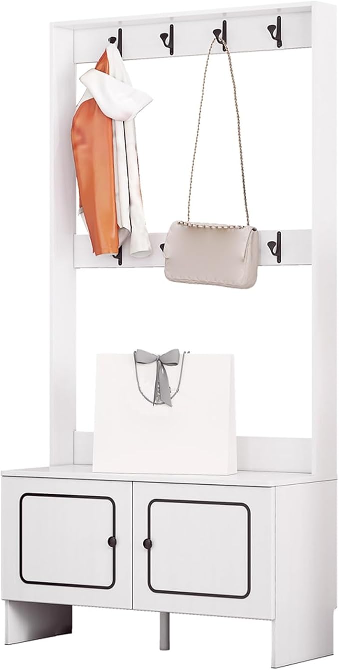 Modern Coat Rack Shoe Bench, 3 in 1 Multifunctional Entryway Organizer with Bench, Shoe Storage and Coat Rack, Entryway Organizer for Small Spaces(Black,60cm/24in)