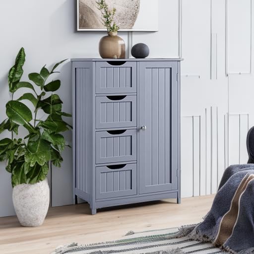 Yaheetech Large Bathroom Floor Cabinet with 4 Dawers and Single Door Cabinet, Freestanding Storage Cabinet for Living Room Kitchen Hallway, Gray