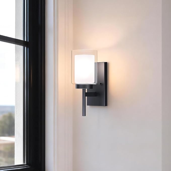 XiNBEi Lighting Wall Light, Classic Indoor 1 Light Black Vanity Sconce Light with Dual Glass Shade for Bathroom Kitchen & Living Room XB-W1276-1-MB