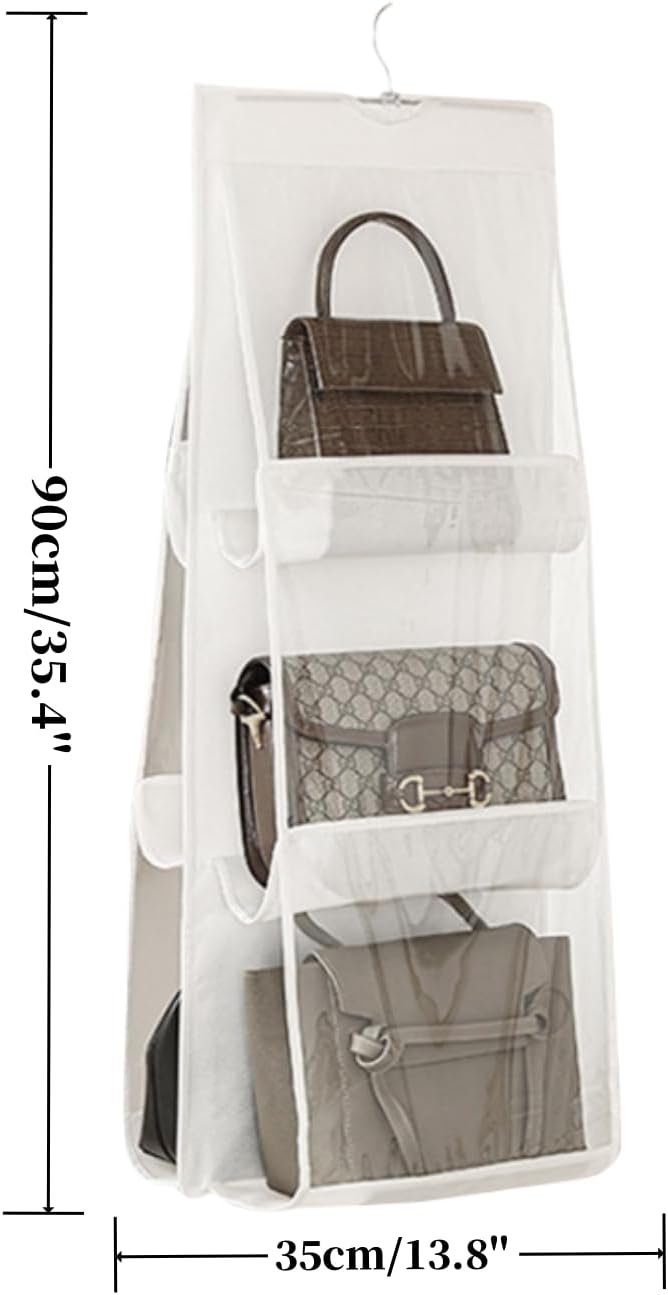 HAN SHENG 6 Pockets Clear Handbag & Purse Organizer Hanging Bag Storage - Space Saving Hanging Shelf for Closet, Wardrobe, Over Door (1 Pack, White)