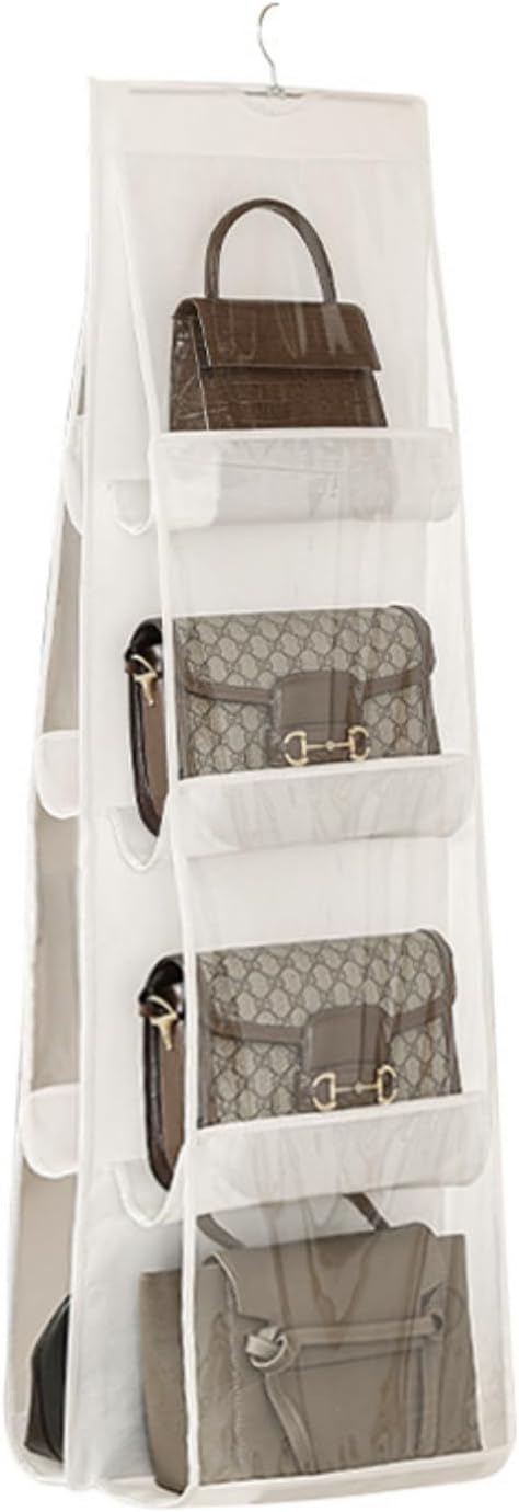 HAN SHENG 8 Pockets Clear Handbag & Purse Organizer Hanging Bag Storage - Space Saving Hanging Shelf for Closet, Wardrobe, Over Door (1 Pack, White)