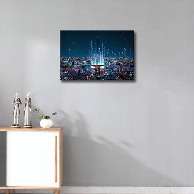 TUMOVO AI Wall Art Painting Digital Age Bedroom Living Room Wall Decor CPU Concept Framed Modern Pictures Virtual Space Canvas Prints Artwork for Wall Decor Bathroom Office Decorations, 18x12in