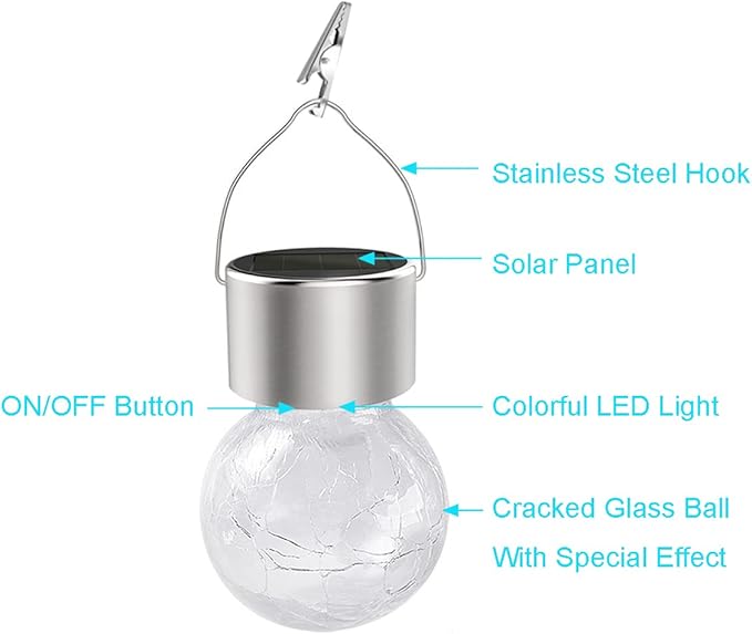Hanging Solar Powered LED Light with 7 Color Auto-Changing, Cracked Glass Ball Light, Waterproof Outdoor Christmas Decorative Lantern for Garden, Yard, Patio, Lawn (Colorful, 12)