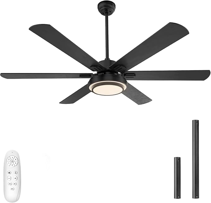 warmiplanet Ceiling Fans with Lights and Remote Control, 62 Inch, 6 Speeds Reversible DC Motor, 3 Color Dimmable Light, Timer, Noiseless, Black, 6 Blades