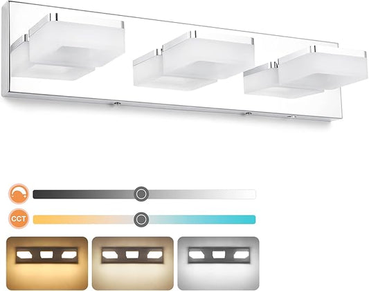 3 Colors Dimmable Bathroom Light Fixtures Over Mirror, LED Chrome Vanity Lights, Acrylic Stainless Steel 3 Light Bathroom Vanity Light, Adjustable 3000K/4000K/6000K, 360° Rotate