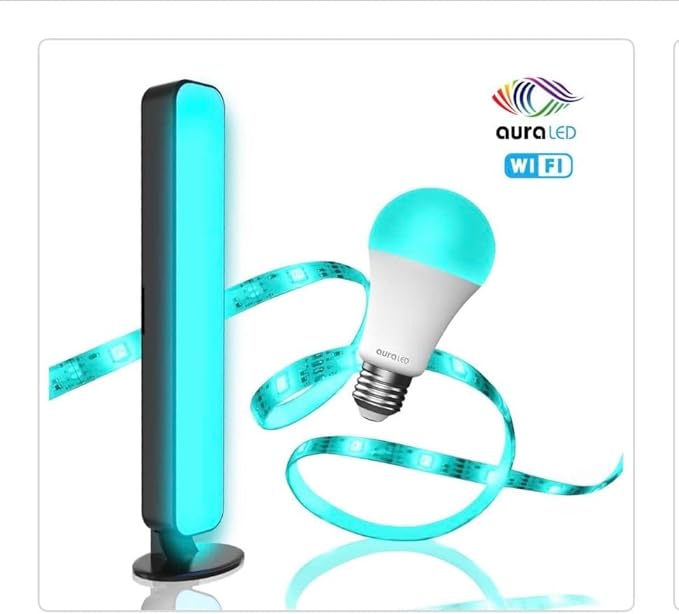 AuraLED LED Lighting Kit - ColorKit for Indoor Use with Wi-Fi App Control, Includes 3 Light Sources: 1 Bulb, 1 Bar, and 1 Strip