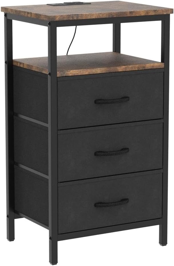 Huuger Nightstands Set of 2, 27.6 Inch End Tables with Charging Station, Fabric Drawers, Bedside Tables with USB-C Port and Outlet, Night Stands for Bedroom, Rustic Brown and Black