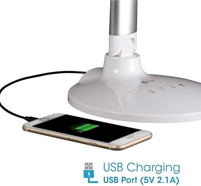 OttLite Command LED Desk Lamp with Voice Assist - White, Google Home and Amazon Alexa Compatible, USB Charging Port