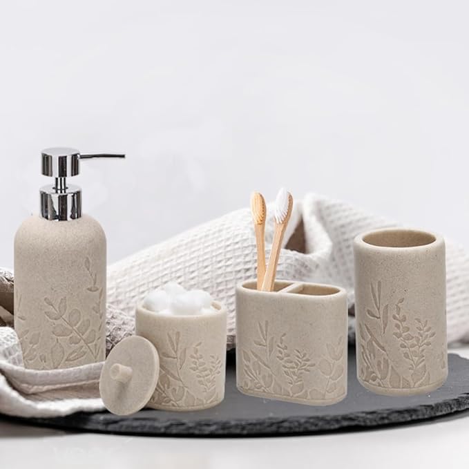 Aksipo Beige Bathroom Accessories Set, 4 Pcs Sturdy Resin Bathroom Accessory Set, Hand Soap Dispenser, Toothbrush Holder Set, Tumbler, Qtip Holder Dispenser, Stylish & Modern Bathroom Decor Set
