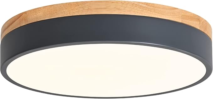 Dimmable Wood LED Flush Mount Ceiling Light, 5CCT 2700K-6000K Modern Round Close to Ceiling Lighting Fixtures, Minimalist Grey Ceiling Lamp for Bedroom, Kitchen, Laundry Room, Hallway, 11.7 in