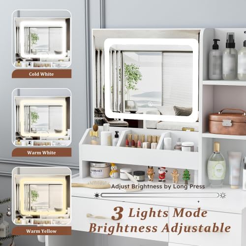Makeup Vanity Desk with Mirror and Lights, Vanity Table Set with Storage Drawers, Charging Station & Storage Stool, Large Dressing Table for Women Girls Bedroom, White