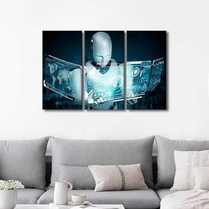 TUMOVO 3 Pieces Wall Art - AI Intelligence Canvas Prints Big Data Analysis Posters Canvas Print Modern Artwork Room Wall Decorations Robot Paintings Stretched and Framed Ready to Hang, 36" Wx24 H
