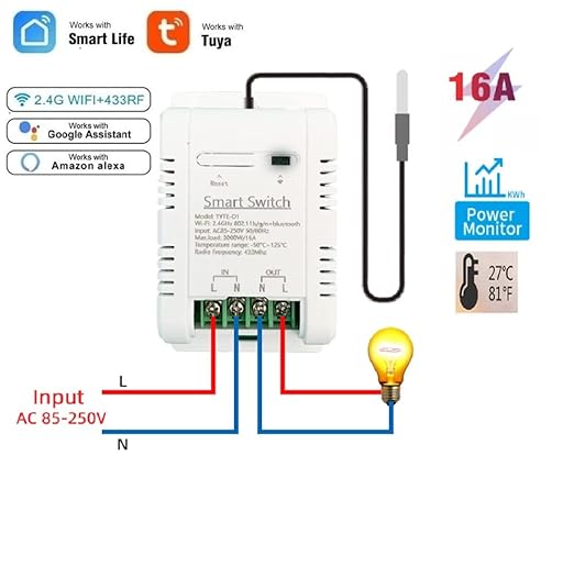 WiFi Temperature Controller Sensor Module, Tuya app Wireless Remote 16A Smart Switch with Energy Consumption Monitoring,Compatible with Alexa Google