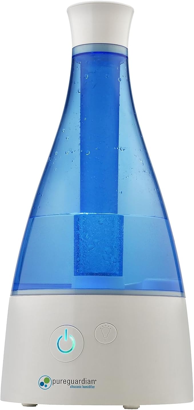 PureGuardian Ultrasonic Cool Mist Humidifier, 30 Hrs. Run Time, 0.5 Gal. Tank Capacity, 350 Sq. Ft. Coverage, Small Rooms, Quiet, Filter Free, Silver Clean Treated Tank, H940AR