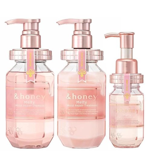 &-Honey Melty Moist Shampoo,Treatment 440ml Each& Hair oil 100ml set+ Free Hair Tie Deep Nourishment and Revitalization - Organic Ingredients Perfect for Frizzy, Wavy, Curly Hair