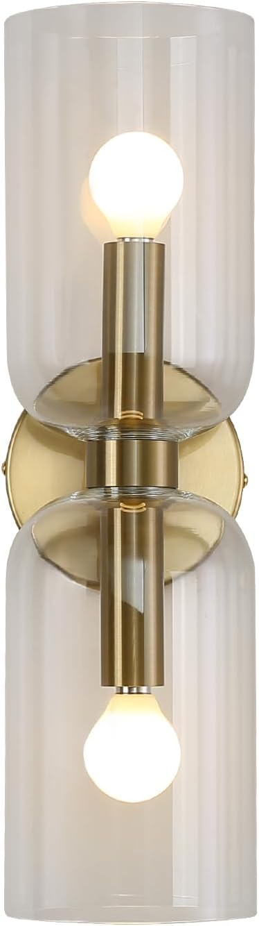 Minimalist 2-Light Gold Wall Sconces with Cylinder Glass Shades- Mid Century Vanity Wall Double Lights Hardwired- Modern Indoor Glass Wall Mounted Art Decor Lights (Clear, 1 Pack)
