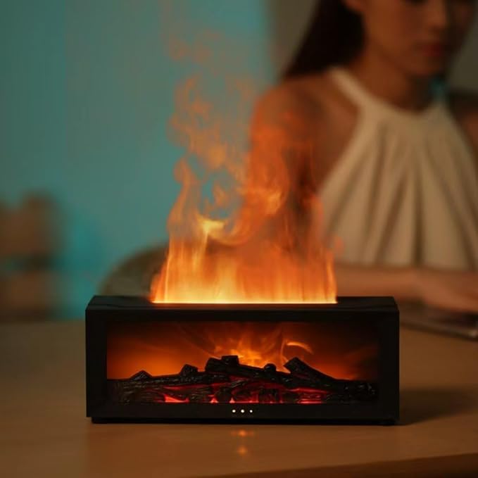 Fireplace Aroma Diffuser Humidifier, 7 Color Changing Essential Oil Diffuser with Realistic Flame Effect, Ultrasonic Quiet Aromatherapy Humidifier for Bedroom, Office, Home, Yoga Meditation (Black)