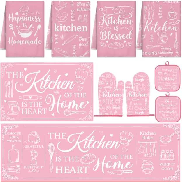 Pink Kitchen Accessories Set 10 Piece - Cute Baking Theme Kitchen Towels, Rugs, Oven Mitts and Pot Holders - Happiness is Homemade Retro Decor Gift for Baker, Mom, Women