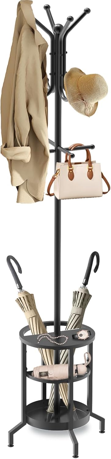 Coat Rack Freestanding, Coat Stand with Umbrella Holder, Metal Coat Tree with 12 Hooks, Coat Hanger Stand for Entryway, Coat Rack Stand for Bedroom, Living Room & Office