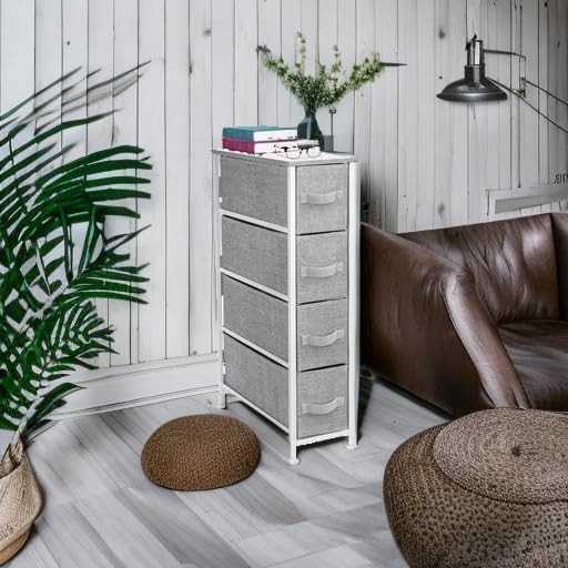 Sorbus Narrow Dresser with 4 Drawers - Vertical Slim Storage Chest of Drawers with Steel Frame, Wood Top & Easy Pull Fabric Bins for Small Spaces, Closets, Bedroom, Bathroom & Laundry (White/Gray)