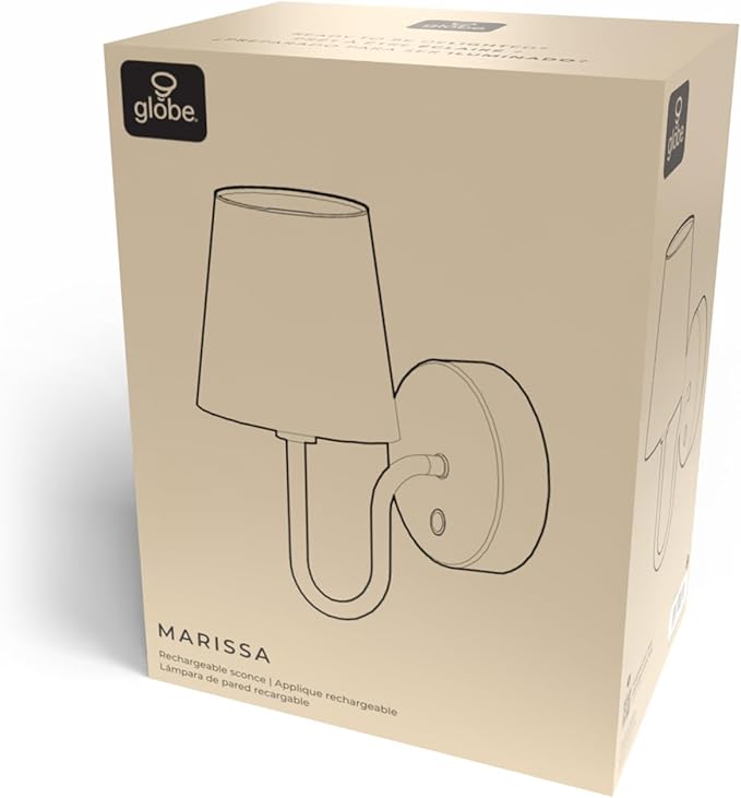 Globe Electric 65000132 Rechargeable Battery Wall Sconce, Integrated LED, Matte Black Finish, White Fabric Shade, 3-Step Touch Dimming, Timer, USB-C Charging, Wireless Modern Lighting