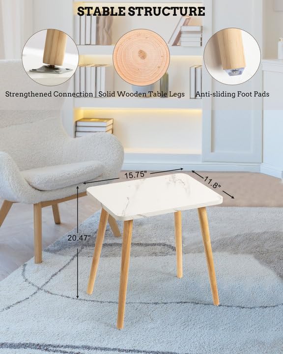 FORAOFUR Small End Table, Side Table Accent Table Living Room Bedroom Balcony Office, Modern Bedside Table Home Decor, Small Table for Small Spaces, Small Coffee Table, Easy Assembly, Marble White