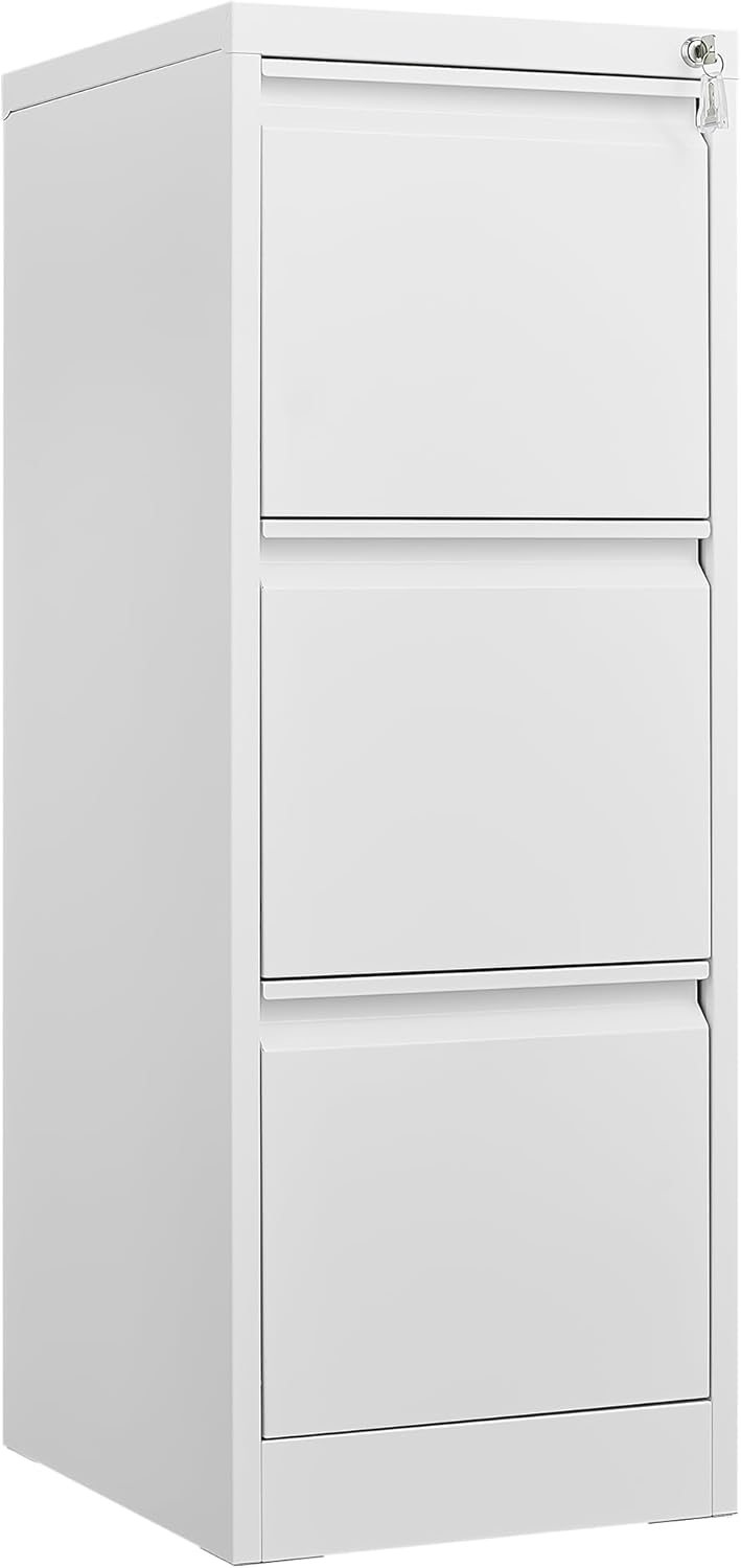 3 Drawer File Cabinet with Lock, Vertical File Cabinets for Home Office, Metal Filing Cabinets, Heavy Duty Steel Lockable Filing Storage Cabinet for Letter/Legal/A4/F4 Size Files, White
