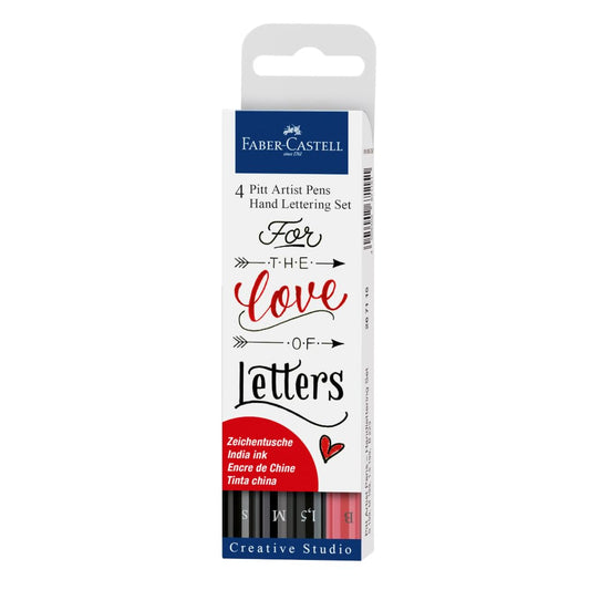 Faber-Castell Pitt Artist Pen Hand Lettering Set - 4 Modern Calligraphy and Lettering Markers In Assorted Nibs (Black and Red Colors)