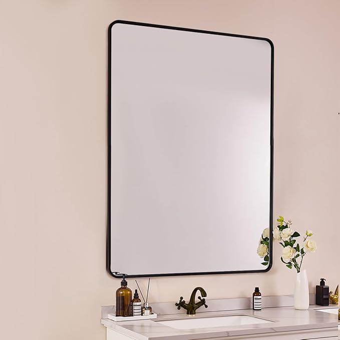 ANDY STAR 48X32 Inch Black Bathroom Mirror, Black Bathroom Vanity Mirrors for Wall, Rounded Rectangle Mirror for Bathroom, Seamless Tube Metal Frame, 1’’ Deep Wall Mounted Vertical/Horizontal
