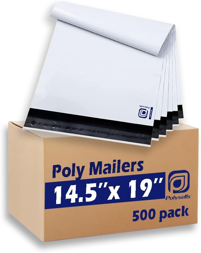 POLYSELLS 500 pcs 14.5x19 Inches White Poly Mailers Shipping Envelopes, Strong Adhesive Sealing, Waterproof, and Tear-resistant Postal Mailing Bags for Clothing, Books, and Accessories