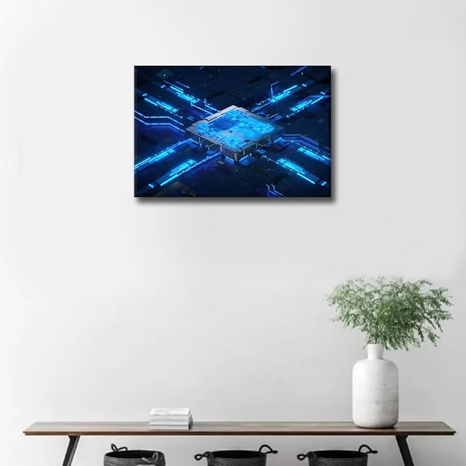 TUMOVO 1 Piece Canvas Wall Art for Bedroom Futuristic CPU Wall Art for Living Room Digital Chip Wall Art Decor CPU Concept Modern Artwork for Home Walls Giclee Framed Ready to Hang 24x16in