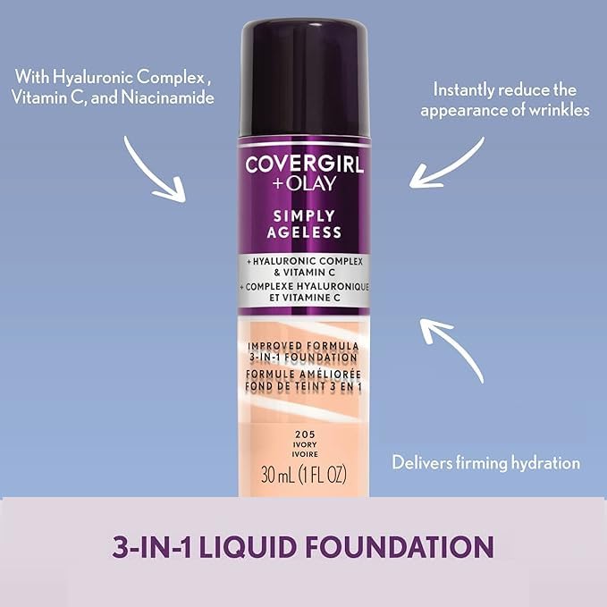 COVERGIRL+Olay Simply Ageless 3-in-1 Liquid Foundation Classic Ivory, 1 Ounce (packaging may vary)