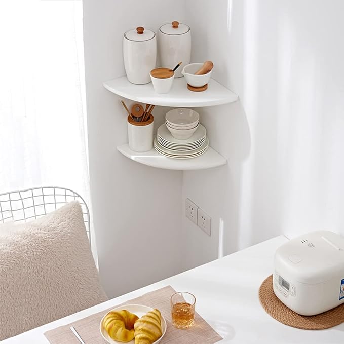Corner Shelf, White Solid Oak Wood Floating Corner Shelves Wall Mount Round End Floating Speaker Rack Display Shelf for Small Plant Photo Frame (White, 7in)