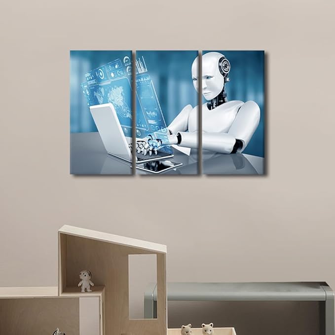 Robot Posters Canvas Print AI Intelligence Art Prints 3 Pieces Wall Art Big Data Analysis Paintings Robot Pictures Prints on Canvas Giclee Artwork Framed Ready to Hang Posters and Prints, 36"Wx24"H