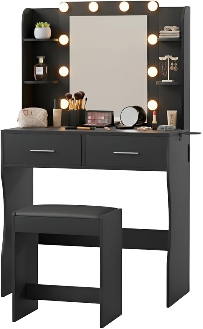 Vanity Desk with Mirror & Light, Makeup Vanity Table with Power Strip, Hair Dryer Holder & 2 Drawers & 3 Open Shelves, 3 Lighting Modes Adjustable Brightness, Dressing Table Set, Black