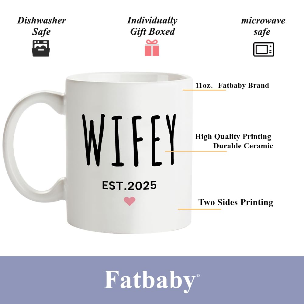 Fatbaby Hubby Wifey Est 2025 Couple Coffee Mug, Bridal Shower Engagement Wedding Anniversary Valentines Day Gifts For Couples Newlywed Husband Wife His Her Tea Cup 11 OZ