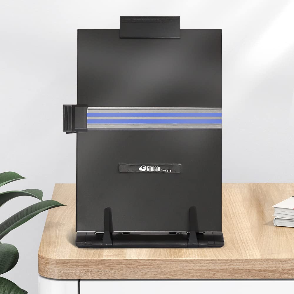 Desktop Document Holder Stand with 7 Adjustable Positions, Black Metal File Organizer Management Copyholder for Typing Speech Reading A4 Letter Music Book Tablet Office, with Paper Clip and Line Guide