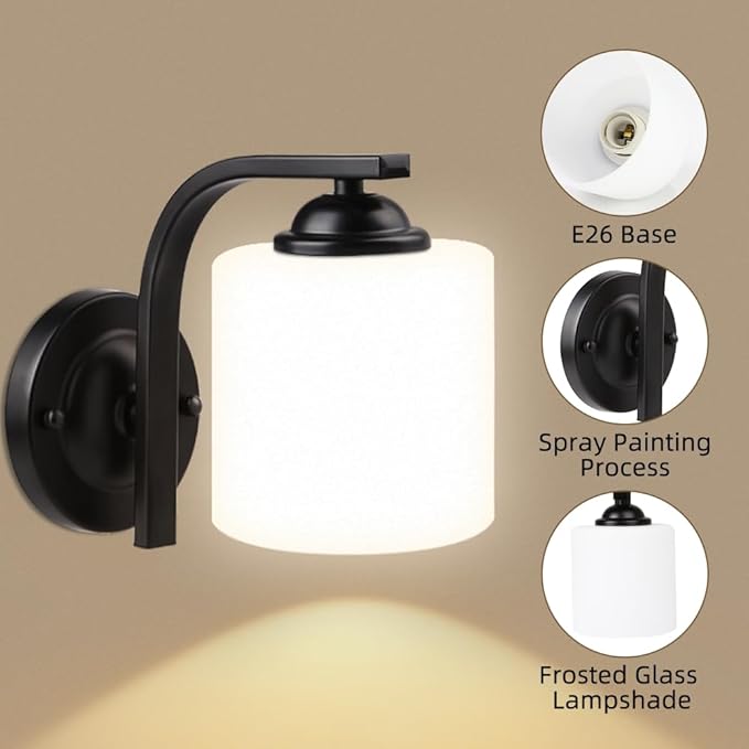 Wall Sconce 2-Light, Modern Wall Lighting Fixture, Bathroom Vanity Lights with Matte Black Wall Lamp for Mirror Bedroom Kitchen Hallway Porch, Milky White Glass Shades, E26 Socket, Bulbs Not Included