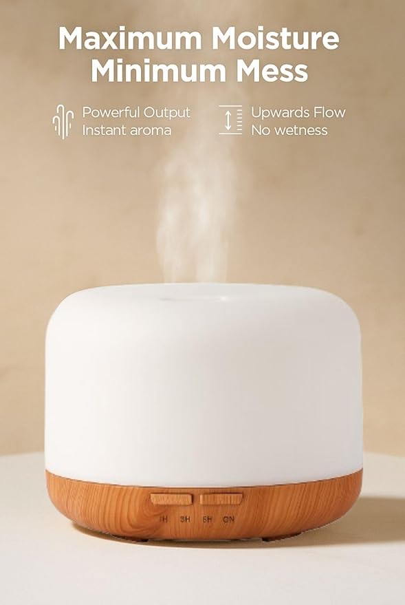 Air Humidifier & Aroma Diffuser with LED Lights Home Fragrance Room Decor Essential Oil Diffuser Humidifiers for Bedroom Car Air Freshener (White/Light Wood)