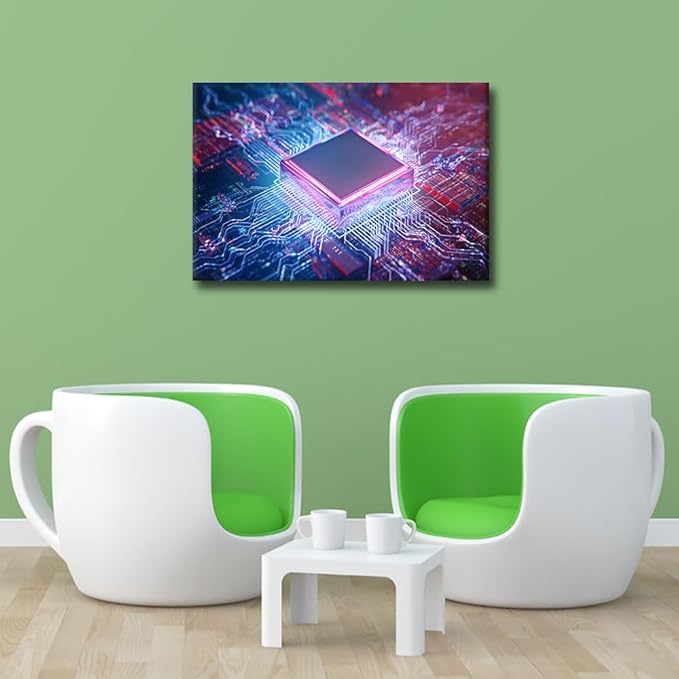 TUMOVO AI Wall Art Decor Painting on Canvas Circuit Board Pictures for Home Walls CPU Concept Office Wall Art Digital Age Framed Modern Artwork for Living Room Bedroom, 24x16in