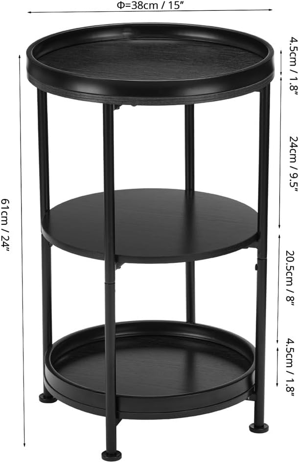 Dulcii Side Table, Round End Table with 3 Shelves for Living Room, Bedroom, Nightstand with Steel Frame for Small Spaces, Industrial Round Sofa Table, Outdoor Accent Coffee Table, Black