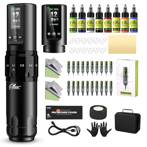 Filter Tattoo Machine Kit - Tattoo Gun Kit with 7 Strokes 2.0-4.0mm Tattoo Machine, Extra 1600mAh Battery Power Supply, 20Pcs Tattoo Needles and 8 Color Inks for Beginners and Artists (X30)