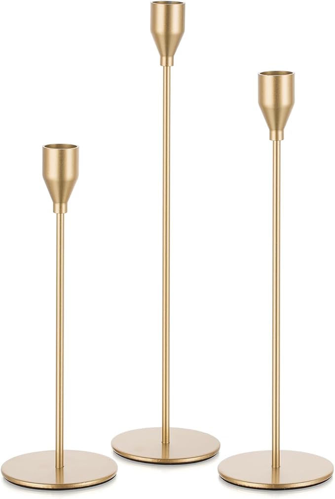 Gold Taper Candle Holders: Tall Candlestick Holder for Table Centerpiece Set of 3 Metal Candles Stick Holders Stand Wedding Decor