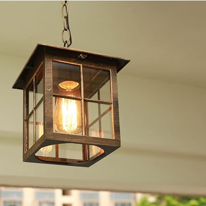 Outdoor Glass Hanging Lamp, Pendant Light Height Adjustable for Porch Garden Courtyard Gazebo Suspension Light(Bronze), Size