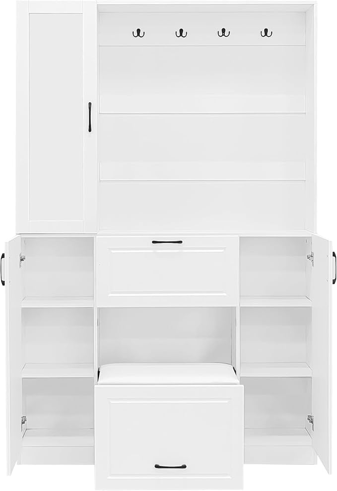 51.1'' Hall Tree with 4 Sturdy Hooks and Foldable Seat, 3-in-1 Design and Mirrored Cabinet Door, Entryway Bench with Integrated Shoe Cabinet for Living Room