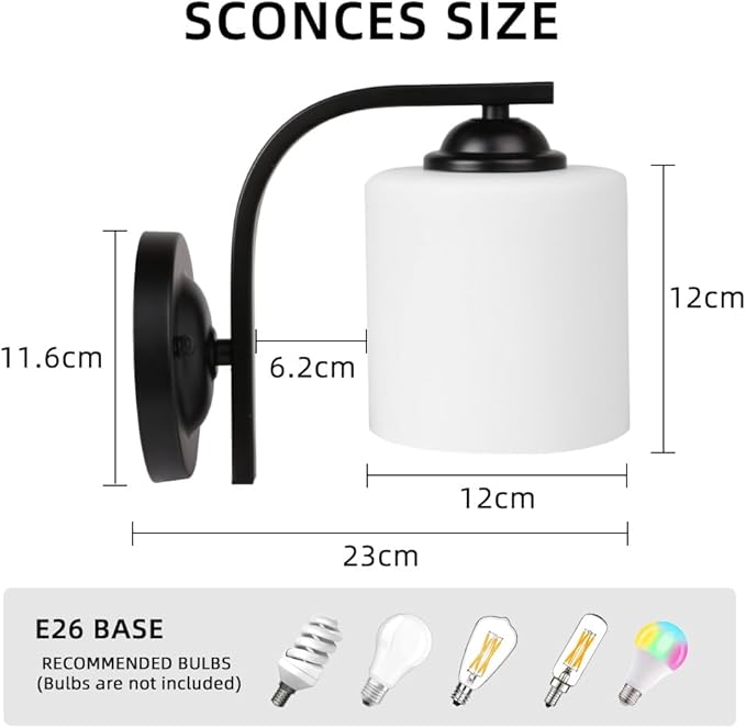 Wall Sconce 2-Light, Modern Wall Lighting Fixture, Bathroom Vanity Lights with Matte Black Wall Lamp for Mirror Bedroom Kitchen Hallway Porch, Milky White Glass Shades, E26 Socket, Bulbs Not Included